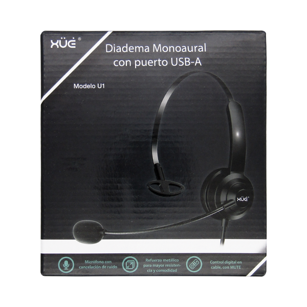 Diadema USB 2.0 XUE® U1 MONOAURAL METAL CON MIC/MUTE BUTTON/CONTROL EN CABLE 1.8M