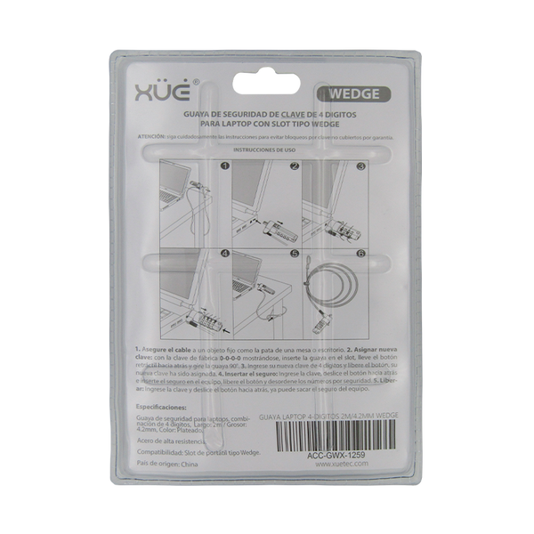 Guaya de Seguridad para Laptop 4-DIGITOS 2.0MT/4.2MM NOBLE WEDGE (CLAVE) XUE®