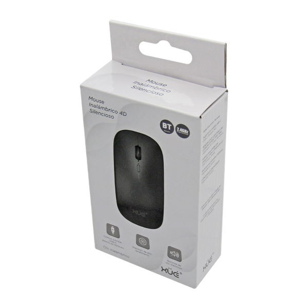 Mouse inalámbrico Silencioso Wireless 1600dpi 3-botones, 2.4GHZ + Bluetooth 5.0, Bateria 500mAh, USB-C, color Negro,XUE®