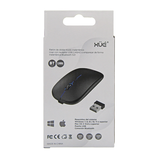 Mouse inalámbrico Silencioso Wireless 1600dpi 3-botones, 2.4GHZ + Bluetooth 5.0, Bateria 500mAh, USB-C, color Negro,XUE®