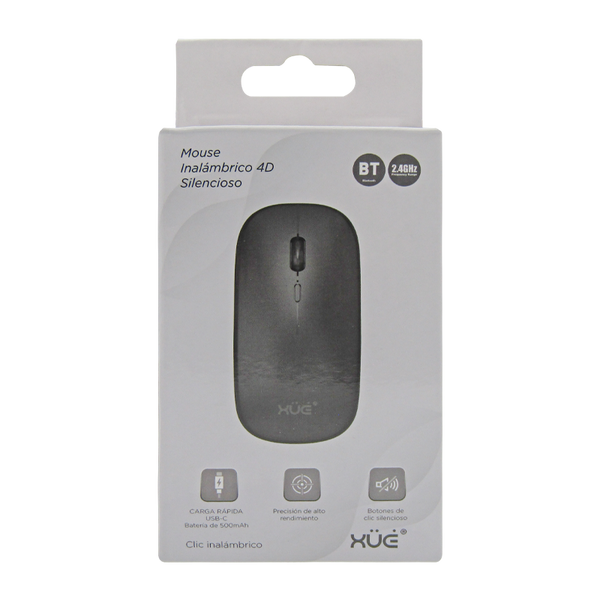 Mouse inalámbrico Silencioso Wireless 1600dpi 3-botones, 2.4GHZ + Bluetooth 5.0, Bateria 500mAh, USB-C, color Negro,XUE®