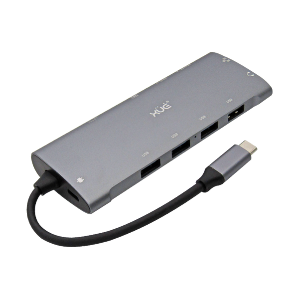 Docking Station XUE® 11-1 USB-C a GIGABIT ETH+VGA+AUDIO 3.5MM+HDMI 4K+PD 100W+3*USB3.0, 1*USB 2.0+LECTOR SD/MICRO SD, XUE