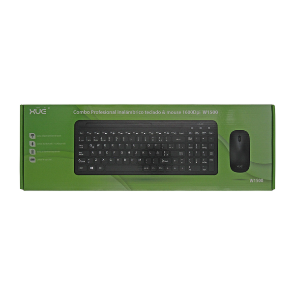 Combo Teclado Externo Wireless  Compacto LATAM + Mouse 1600DPI, 2.4GHZ + BT 5.0, Batería 500MAH, USB-C, Color Negro, W1500 XUE®